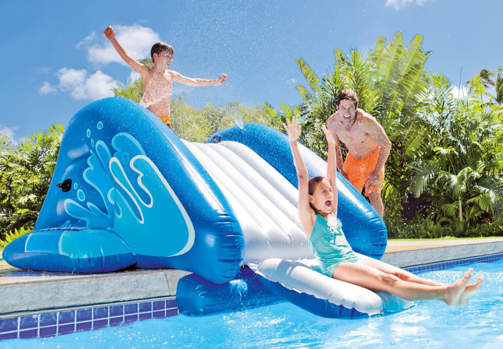 Two Kids and Father having fun with Intex Inflatable Play Center Pool Slide