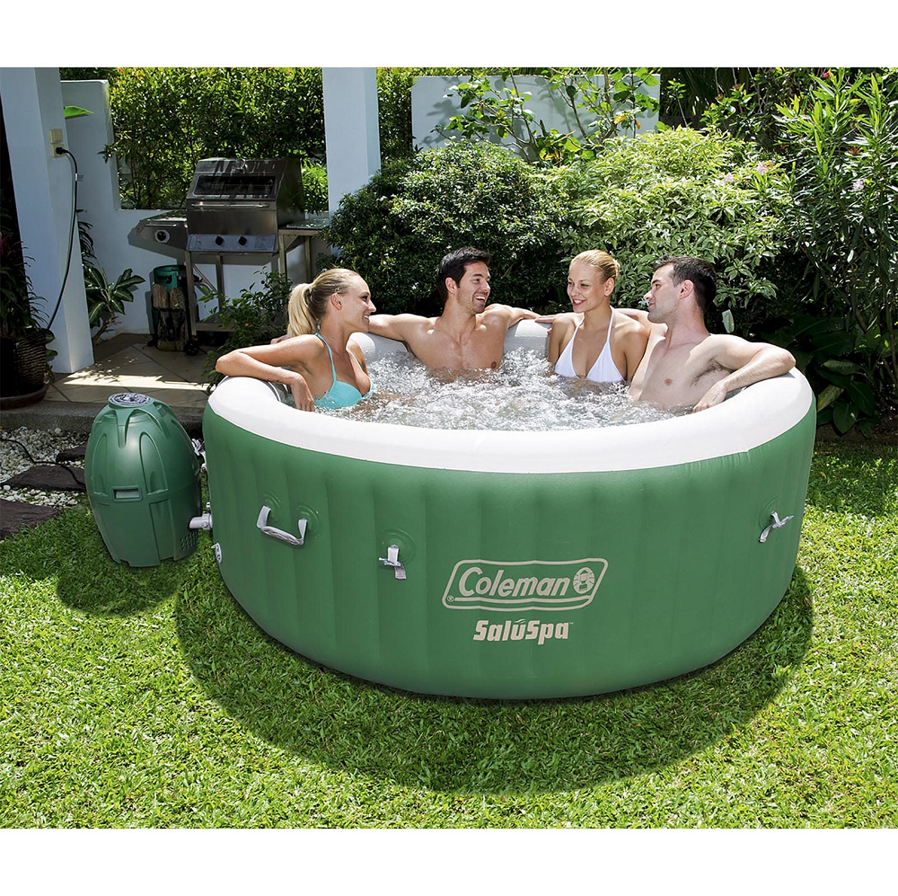 Four people sitting in Coleman SaluSpa Inflatable Hot Tub 
